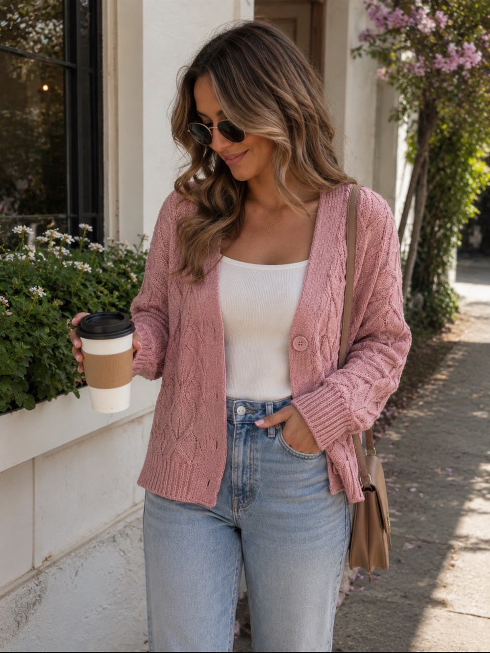 Badgley Mischka Pink Cable Knit Chunky Cardigan Sweater XL Cozy Cottagecore